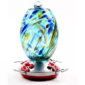 Blue Blown Glass Hummingbird Feeder with Perch and 4 Feeding Ports