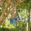 Farmhouse Solid Wood Hanging Birdhouse in Blue Green Yellow Brown