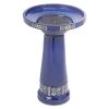 Outdoor Blue Ceramic 1.5 Gallon Bird Bath with Solar Fountain