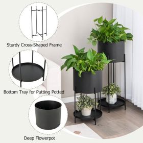 Set of 2 Black Metal Garden Planter Flower Pot Stand with Bottom Shelf