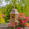 Copper Finish Metal Garden Birdhouse with Stake and Pole