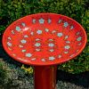 24" Tall Red Porcelain Birdbath with Light Blue Hand Painted Flowers "Alice"