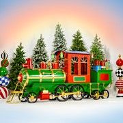 12.5ft. Large Iron Christmas Train with Cart & Lanterns "The North Pole Express" (Colors_Zaer: Red/Green/Gold)